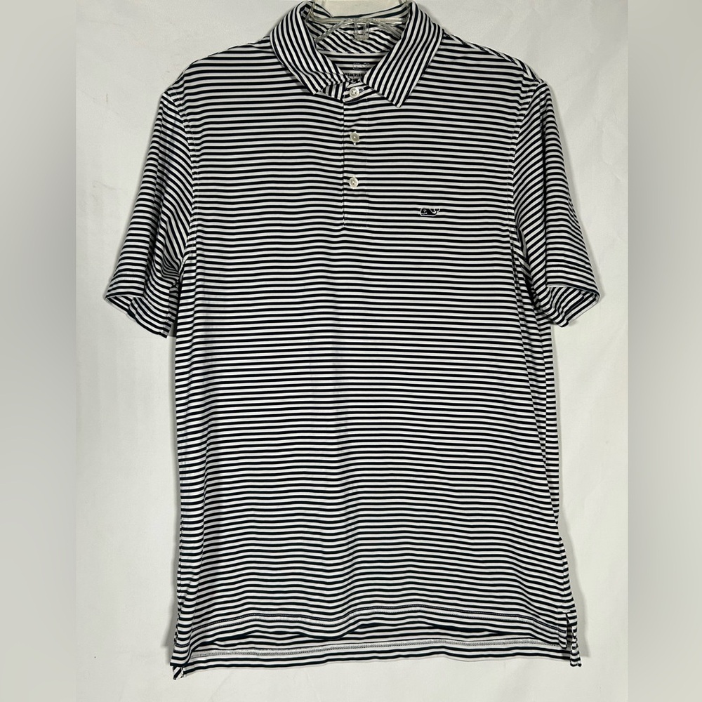 VINEYARD VINES PERFORMANCE BLUE STRIPED GOLF WHALE LOGO POLO SHIRT MENS SMALL